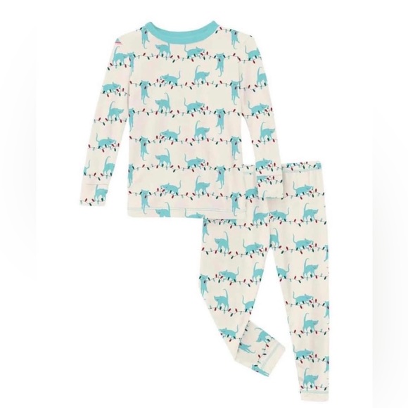 NWT 3T KicKee Pants Long Sleeve Pajama Set in Natural Tangled Kitten Print - Picture 1 of 2